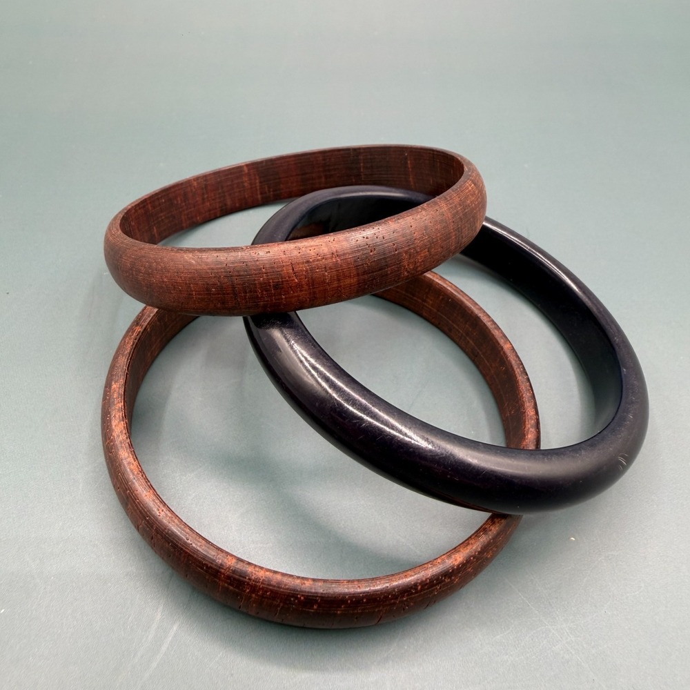 Set of 3 Wood Tone Bangle Bracelets Brown Black Chunky Boho Vintage Statement
